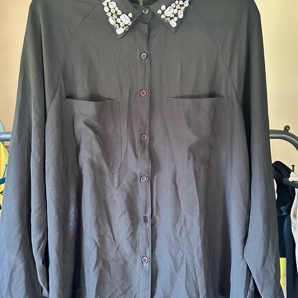 Black Button Down Shirt with Embellished Collar